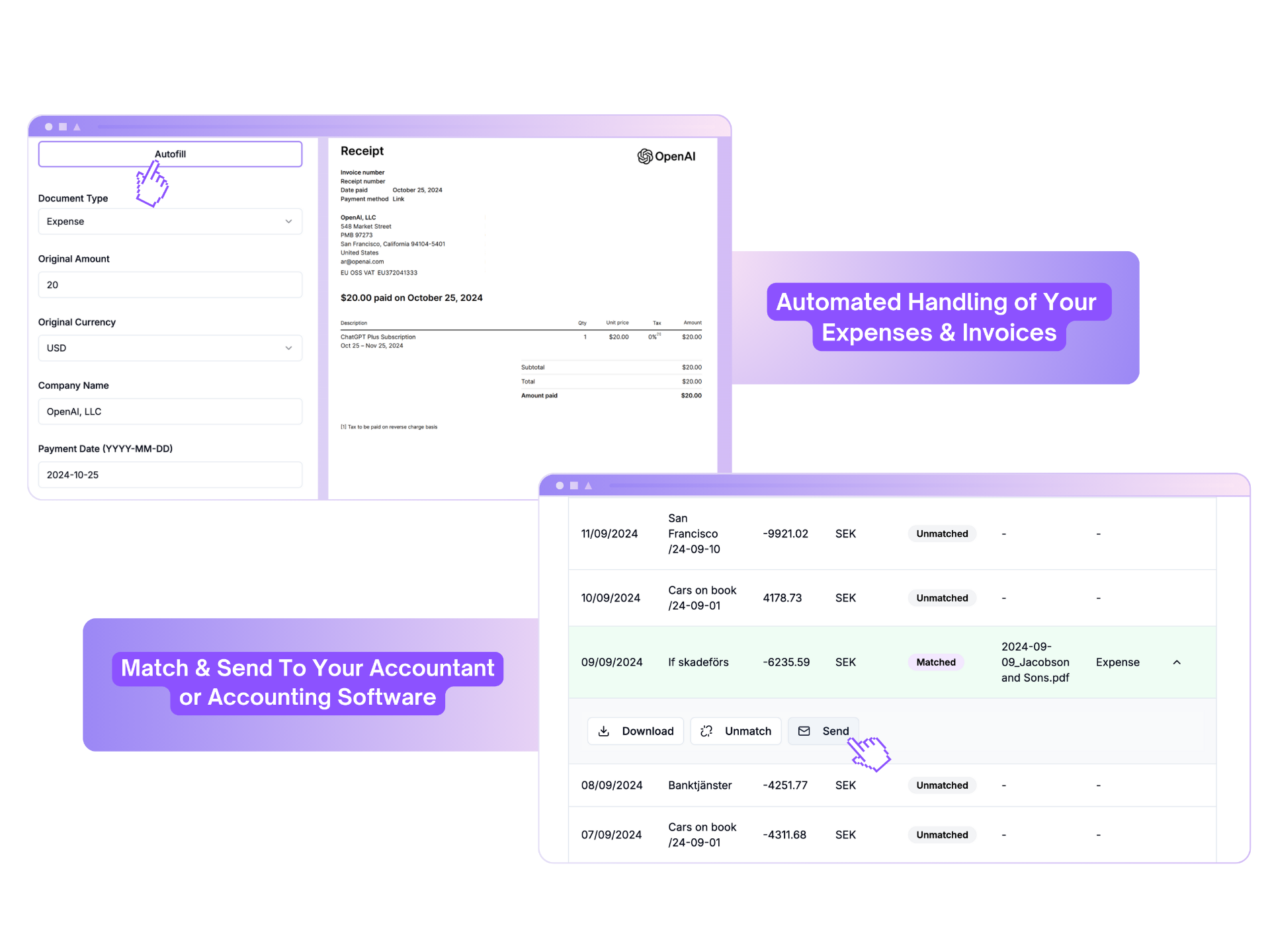 Document processing interface showing automated handling of expenses and invoices